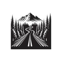 A black and white logo of a road with trees and mountains vector