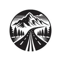 A black and white image of a road and mountains vector