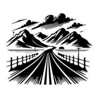A black and white illustration of a road with mountains in the background vector