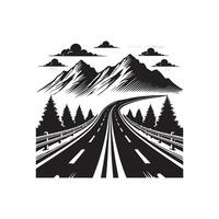A black and white illustration of a road with mountains in the background vector