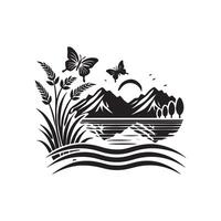 A black and white logo of a lake and mountains vector