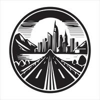 A black and white image of a road with a city in the background vector
