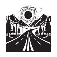 A black and white illustration of a road with trees and mountains vector