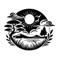 A black and white logo of a lake and trees vector