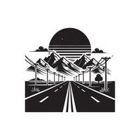A black and white illustration of a road with mountains in the background vector