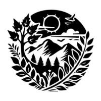 A black and white logo with a tree and mountains vector