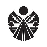 A black and white logo for a road with mountains in the background vector