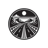 A black and white image of a road with mountains in the background vector