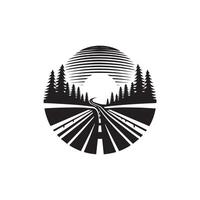 A black and white logo for a road with trees vector