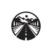 A black and white logo for a road with trees and mountains vector