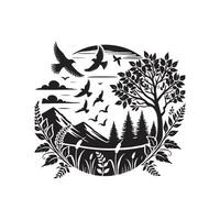 A black and white illustration of a tree and birds vector
