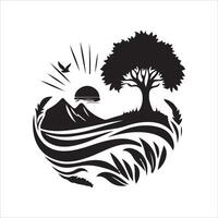 A tree and a bird are flying over a lake and mountains vector