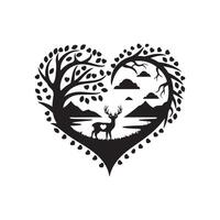 A heart shaped silhouette of a deer and tree vector