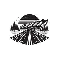 A black and white logo for a road with trees and mountains vector