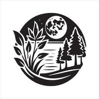A black and white logo of a forest with trees and a moon vector