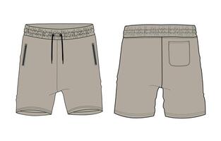 Khaki color sweat shorts pant front and back isolate don white vector