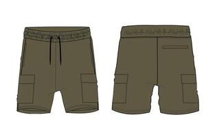 Olive color sweat shorts pant front and back with pocket isolated on white background vector