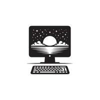 A computer monitor with a keyboard and a moon in the background vector