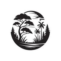 A black and white logo of a forest with trees and a lake vector