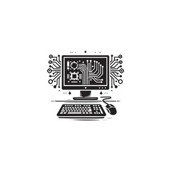 Computer and keyboard icon in black and white vector