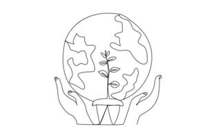 World Environment Day Abstract Planet earth in hands continuous single line art drawing vector