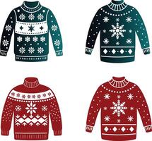 Four different ugly sweaters with snowflakes on them vector