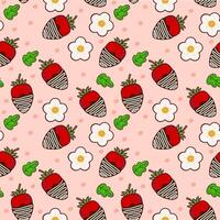 Chocolate covered strawberry sweet with flower in Valentine Day seamless pattern. vector