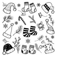 a set of black and white hand-drawn New Year doodles. New Year's socks, hats and spruce branches. vector
