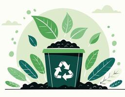 Plant-based packaging decomposing in a compost bin, breaking down into nutrient-rich soil, illustrating an eco-friendly solution for sustainable packaging and waste management vector