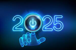 2025 start. Wireframe hand about to press a power button. Happy new year 2025. New Year two thousand and twenty five is coming concept. vector
