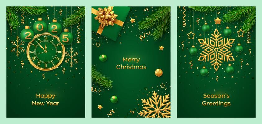 Christmas card set. Balls with numbers 2025. Watch with Roman numeral and countdown midnight, eve for New Year. Gift box, hanging gold snowflakes, stars, balls on green background.