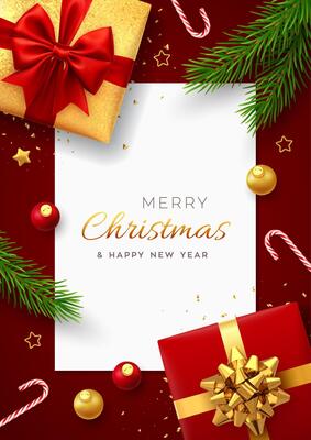Christmas background with square paper banner, realistic red gift boxes with red and golden bows, pine branches, gold stars and glitter confetti, balls bauble. Xmas background, greeting cards.