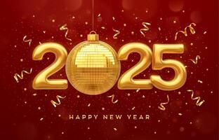 Happy New Year 2025. Gold 3D numbers and a shining golden ball or mirror disco ball. Happy New Year greeting card. Red background for a flyer, New Year poster, party invitation. vector