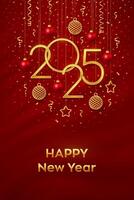 Happy New 2025 Year. Hanging Golden metallic numbers 2025 with shining 3D metallic stars, balls and confetti on red background. New Year greeting card, banner template. Realistic. vector