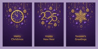 Christmas card set. Happy New Year 2025. Gold numbers 2025, snowflake, watch with Roman numeral and countdown midnight, eve for New Year. Hanging stars, balls on purple background. vector