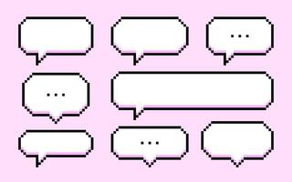 Set of pixel art speech bubbles. Various messages and dialog boxes on a pink background. illustration vector
