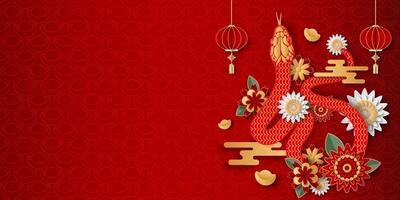 Happy Chinese New Year 2025. Snake zodiac with abstract flowers, year of the snake. vector