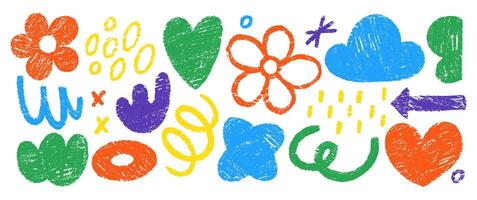 Hand drawn crayon doodles, squiggles, cloud, heart and flower. Abstract funky shapes and arrow with chalk texture. Multicolor Childish illustration. vector