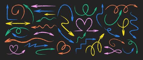 Collection of of rough, zigzag, circle and straight arrows with crayon, pastel and pencil texture. Multicolor illustration on a black background. vector