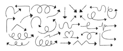 Set of rough, zigzag, circle and straight arrows with crayon, pastel and pencil texture. Doodle illustration on a white background. vector