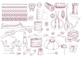 Red scissors ribbon thread bobbins lace pin cushion buttons thimble pins needles. Hand drawn ink illustration sewing craft supplies. Objects set isolated on white. Atelier, tailor, hobby shop vector