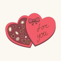 A box of heart-shaped chocolates for Valentine's Day, wedding anniversary. illustration is a flat icon, an element of festive design. vector