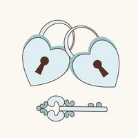 Two heart-shaped locks are connected together and a key. Valentine's Day illustration, wedding theme, flat icon vector