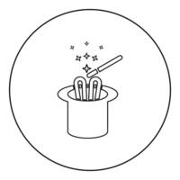 Hare ears in wizard's hat magic wand wizard conjure cylinder bunny rabbit appearing trick concept icon in circle round black color illustration image outline contour line thin style vector