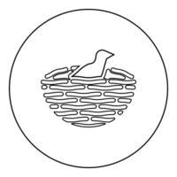 Bird's nest with bird icon in circle round black color illustration image outline contour line thin style vector