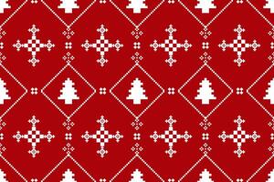 Christmas and New Year seamless pattern. White snowflakes and Christmas trees on red pixel pattern for winter vector