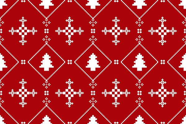 Christmas and New Year seamless pattern. White snowflakes and Christmas trees on red pixel pattern for winter