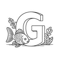 An illustration of letter G beside a goldfish vector