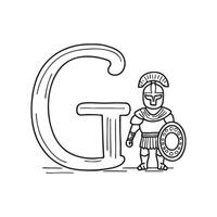 An illustration of letter G beside a gladiator vector