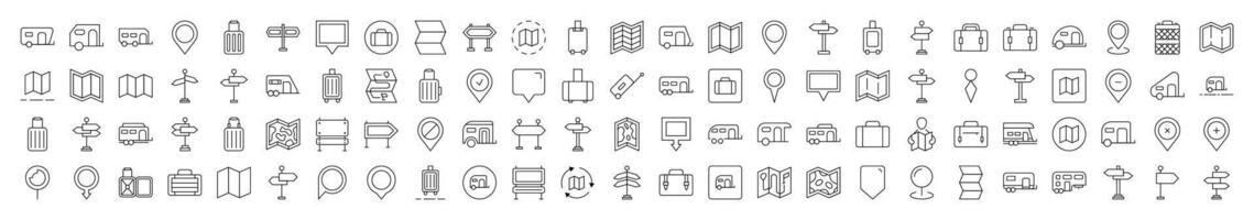 Motorhome, Map Pin, Baggage, Direction Pointer Outline Simple Linear Image Collection. Editable Stroke. Suitable for Web Sites, Books, Cards, Apps vector